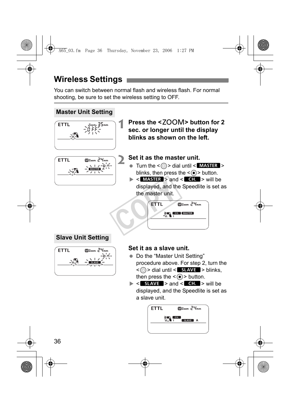Cop y, Wireless settings | Canon Speedlite 580EX II User Manual | Page 37 / 176