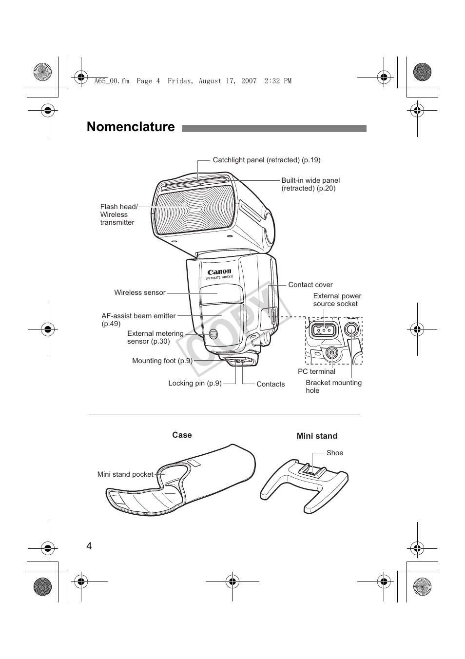 Cop y, Nomenclature | Canon Speedlite 580EX II User Manual | Page 5 / 176