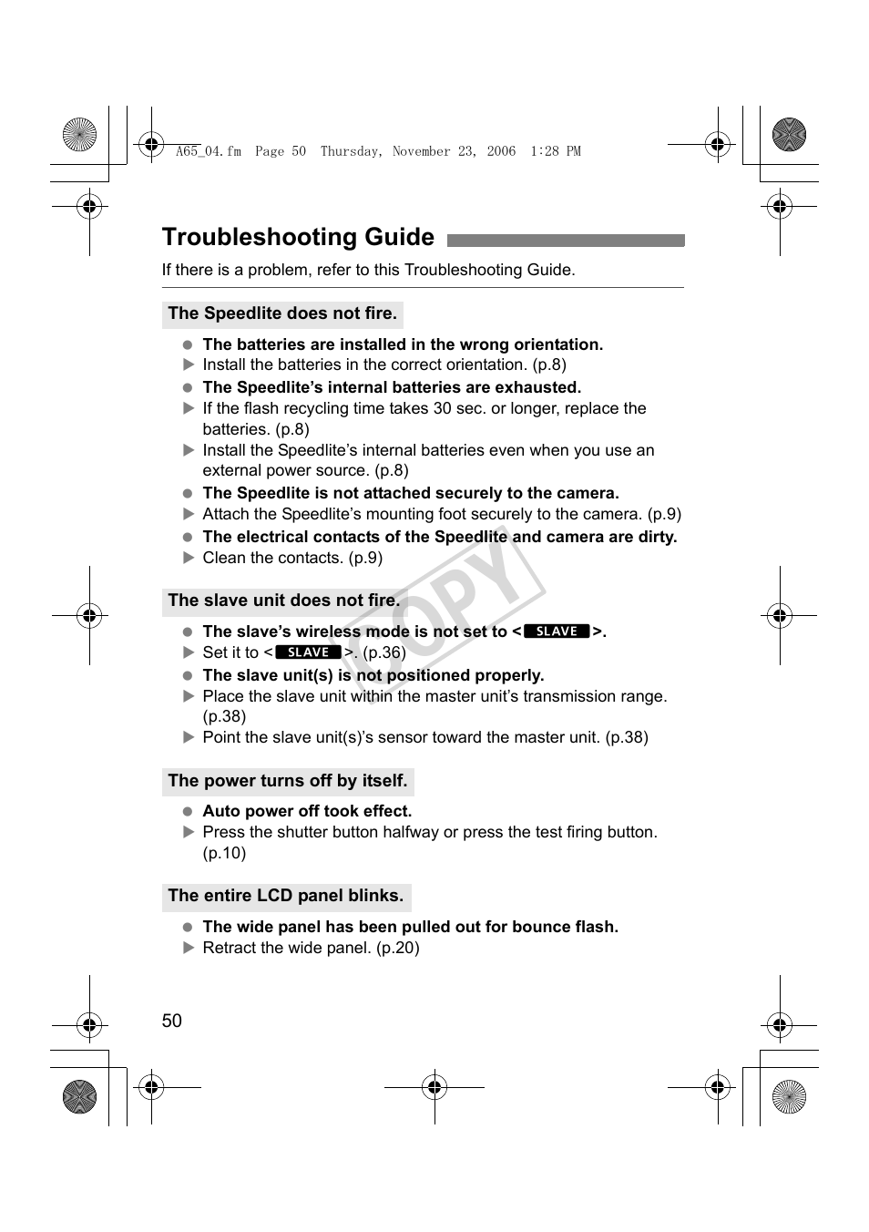 Cop y, Troubleshooting guide | Canon Speedlite 580EX II User Manual | Page 51 / 176