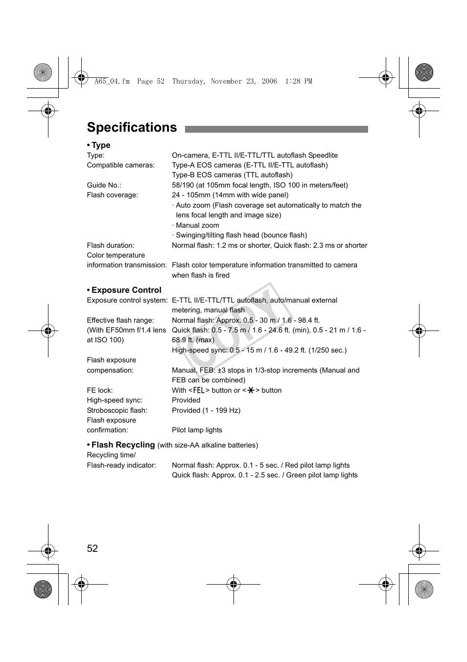 Cop y, Specifications | Canon Speedlite 580EX II User Manual | Page 53 / 176