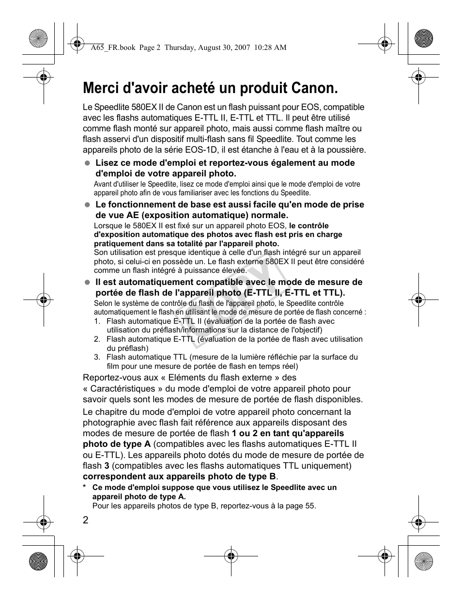 Cop y, Merci d'avoir acheté un produit canon | Canon Speedlite 580EX II User Manual | Page 61 / 176
