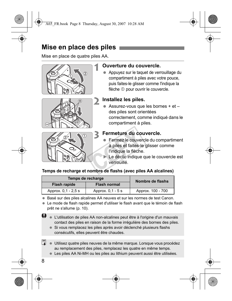 Cop y, Mise en place des piles | Canon Speedlite 580EX II User Manual | Page 67 / 176