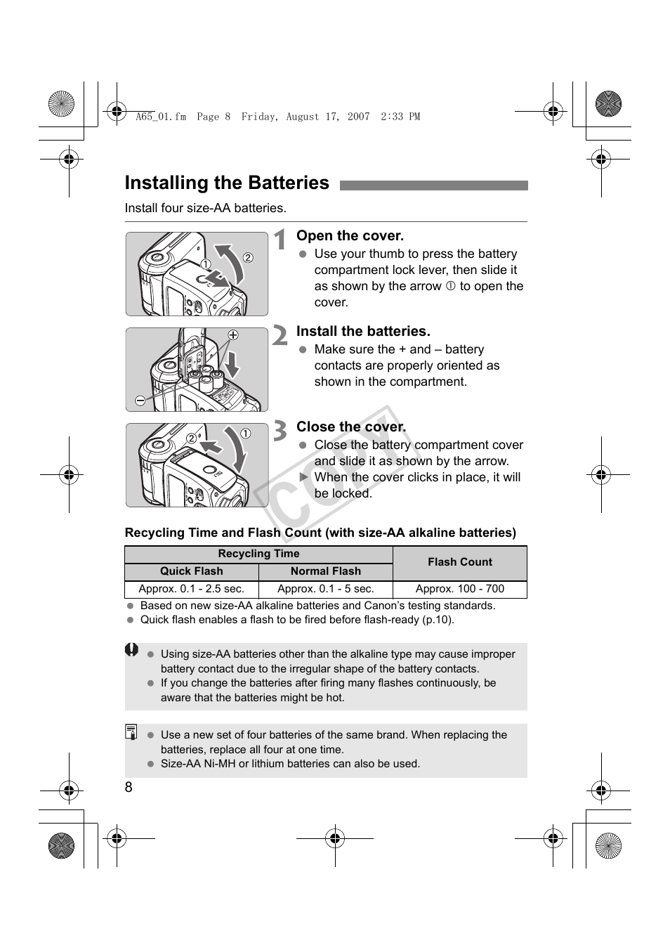 Cop y, Installing the batteries | Canon Speedlite 580EX II User Manual | Page 9 / 176