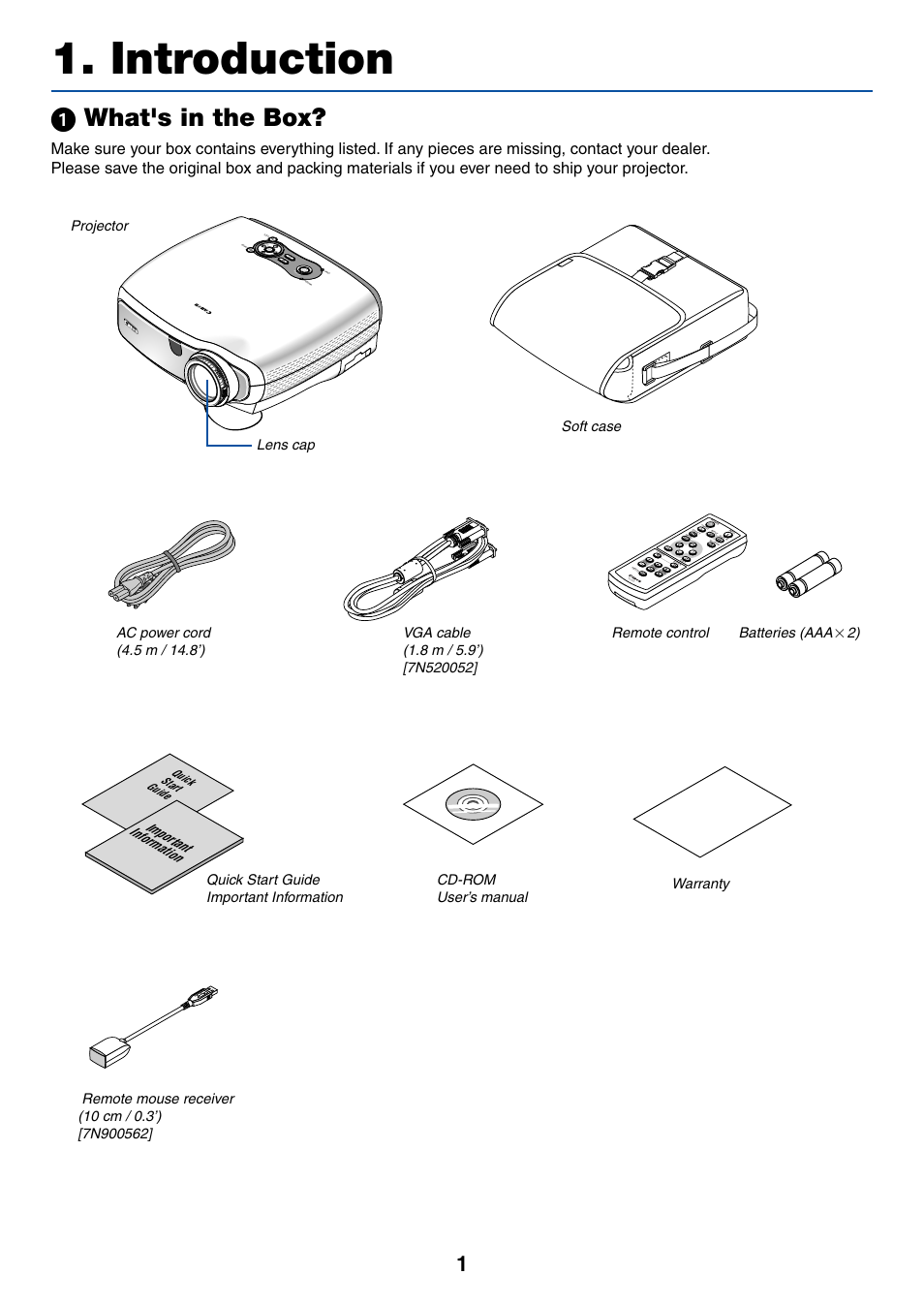 Introduction, 1) what's in the box, ᕡ what's in the box | Remote control batteries (aaa, Vo l, Quick start guide | Canon LV-7255 User Manual | Page 10 / 74