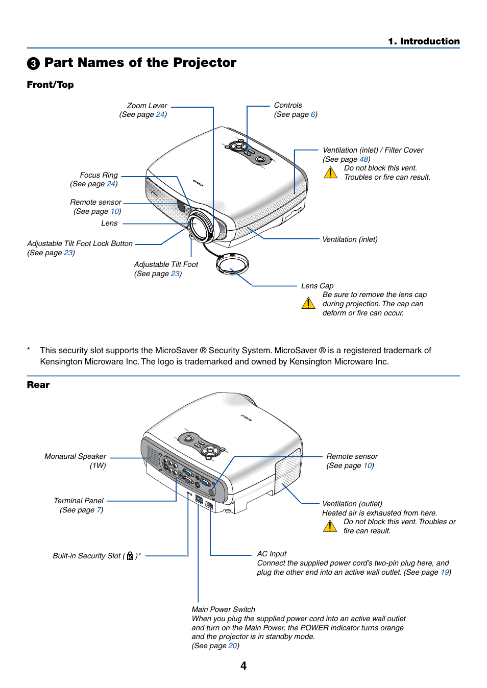 3) part names of the projector, Front/top, Rear | ᕣ part names of the projector, Introduction, Mono | Canon LV-7255 User Manual | Page 13 / 74