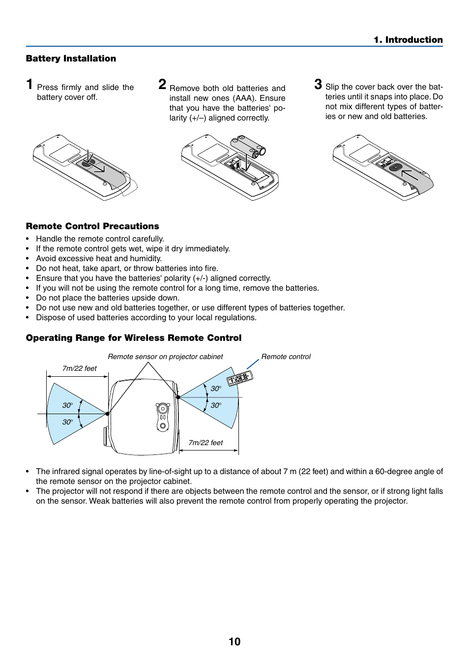 Battery installation, Remote control precautions, Operating range for wireless remote control | Canon LV-7255 User Manual | Page 19 / 74