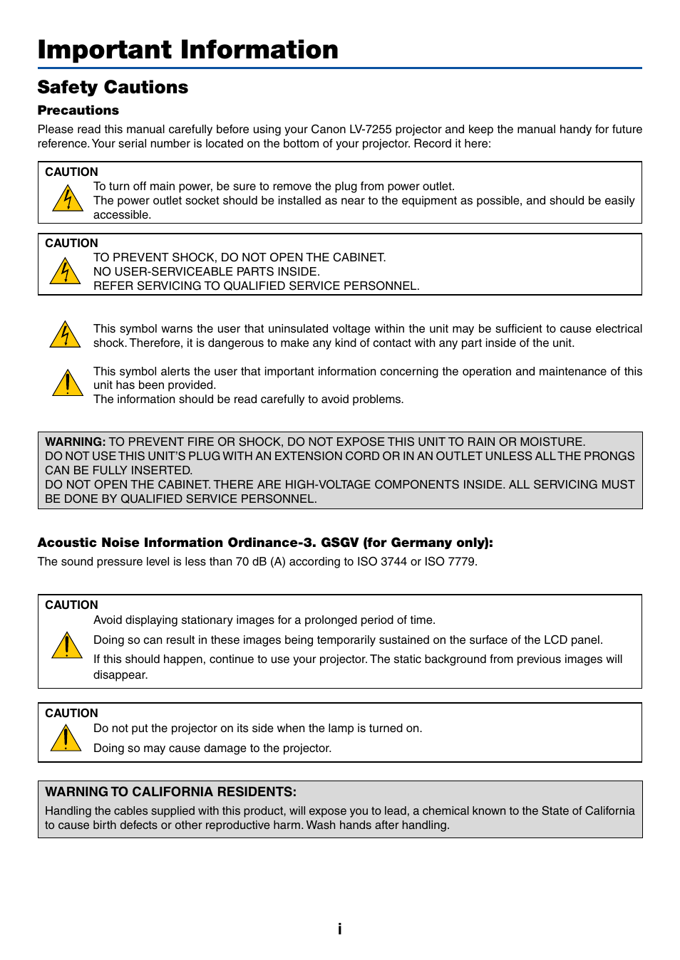 Important information, Safety cautions | Canon LV-7255 User Manual | Page 2 / 74