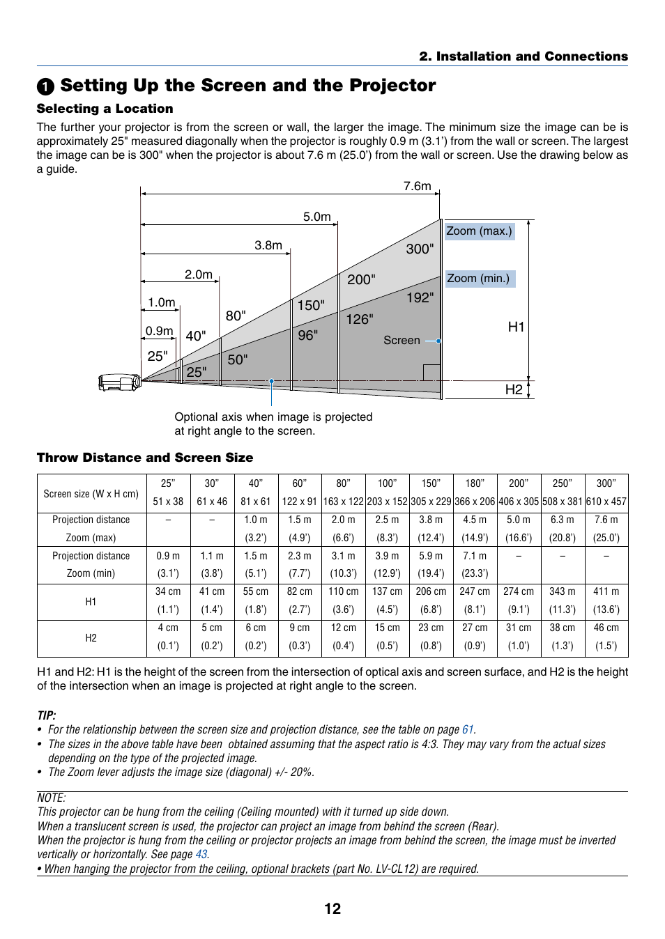 1) setting up the screen and the projector, Selecting a location, Throw distance and screen size | ᕡ setting up the screen and the projector | Canon LV-7255 User Manual | Page 21 / 74