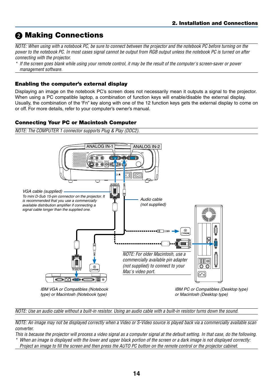 2) making connections, Enabling the computer’s external display, Connecting your pc or macintosh computer | ᕢ making connections, Installation and connections, Vga cable (supplied), Analog in-1 analog in-2 | Canon LV-7255 User Manual | Page 23 / 74