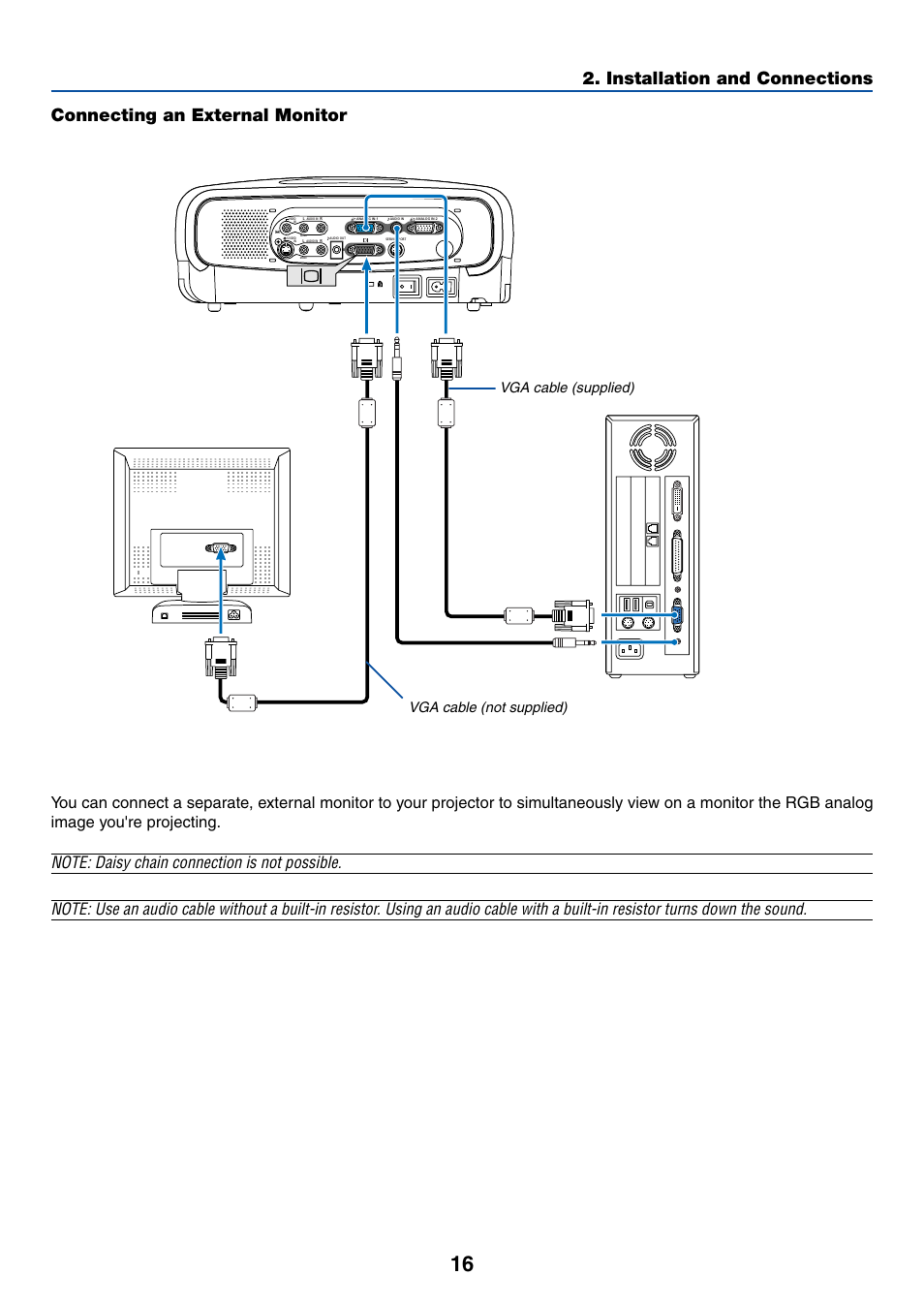 Connecting an external monitor, Vga cable (supplied) vga cable (not supplied) | Canon LV-7255 User Manual | Page 25 / 74