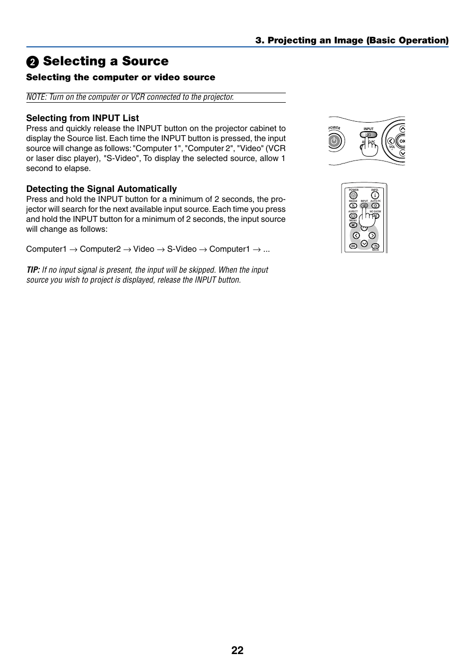 2) selecting a source, Selecting the computer or video source, ᕢ selecting a source | Projecting an image (basic operation), Selecting from input list, Detecting the signal automatically | Canon LV-7255 User Manual | Page 31 / 74