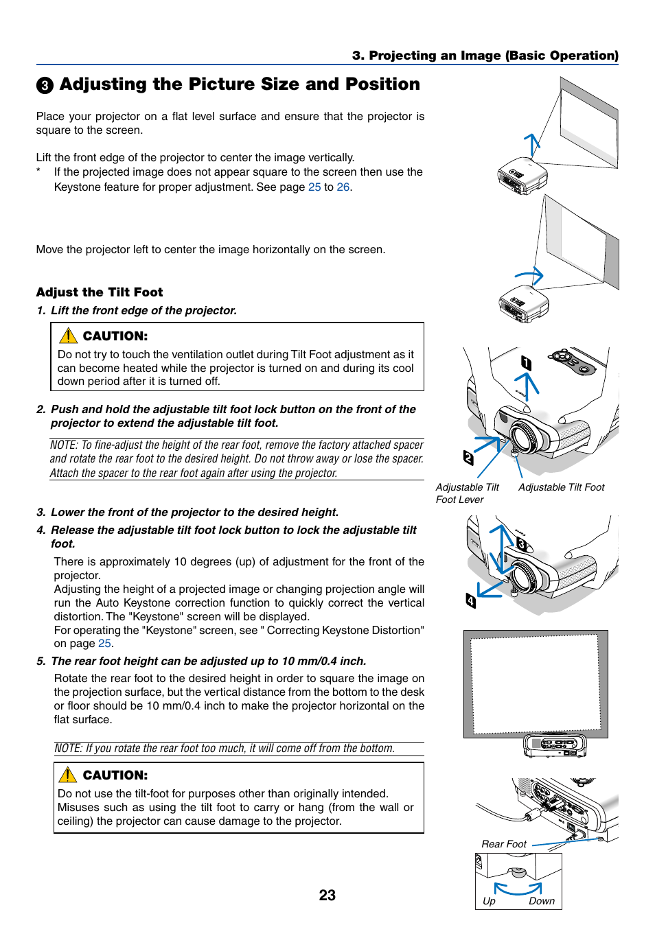 3) adjusting the picture size and position, Adjust the tilt foot, ᕣ adjusting the picture size and position | Canon LV-7255 User Manual | Page 32 / 74