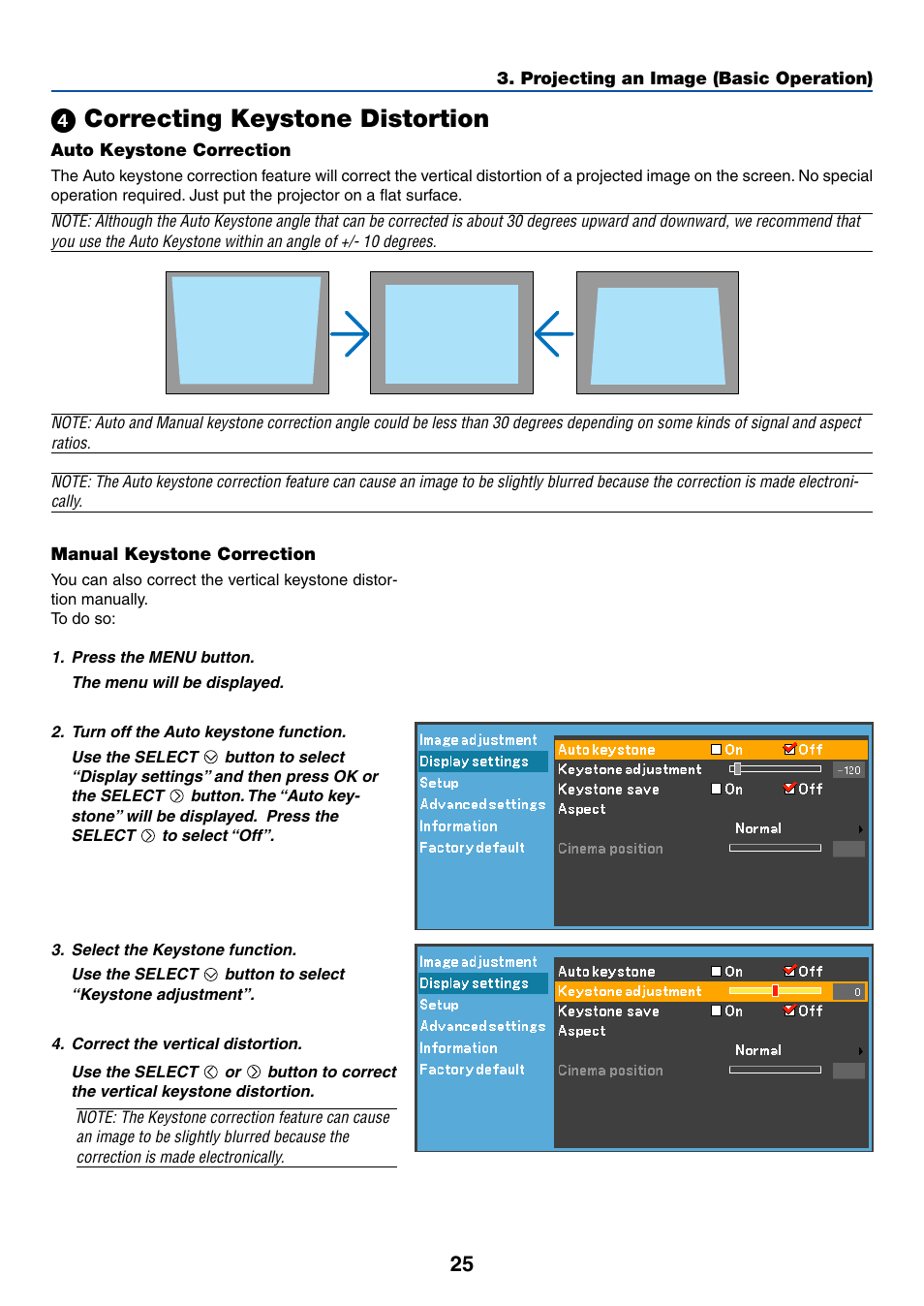 4) correcting keystone distortion, Auto keystone correction, Manual keystone correction | ᕤ correcting keystone distortion | Canon LV-7255 User Manual | Page 34 / 74