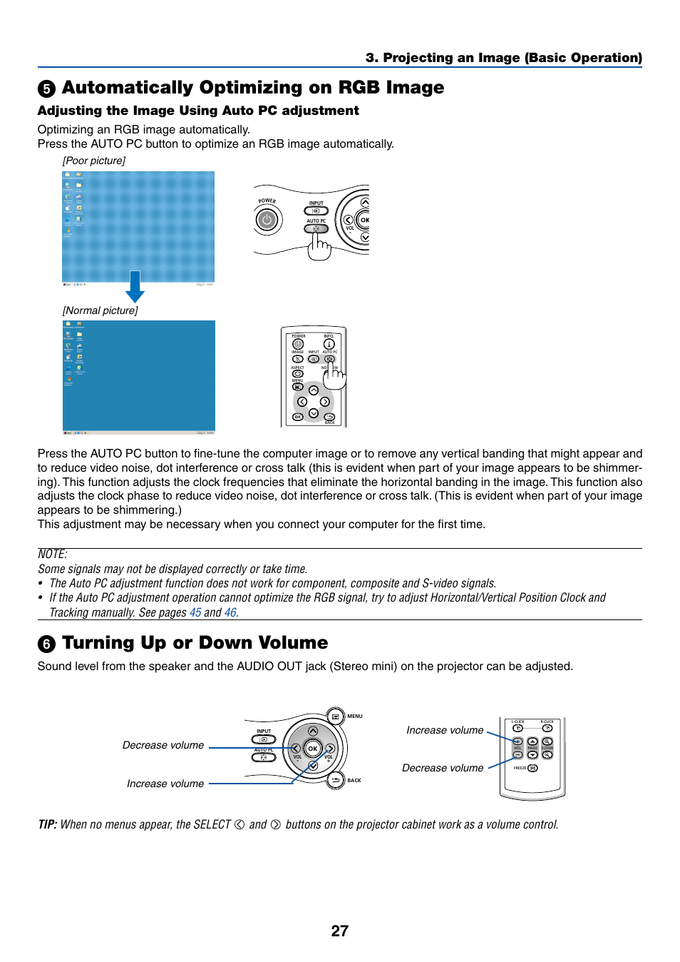 5) automatically optimizing on rgb image, Adjusting the image using auto pc adjustment, 6) turning up or down volume | ᕥ automatically optimizing on rgb image, ᕦ turning up or down volume, Projecting an image (basic operation), Poor picture] [normal picture, Increase volume decrease volume, Decrease volume increase volume | Canon LV-7255 User Manual | Page 36 / 74