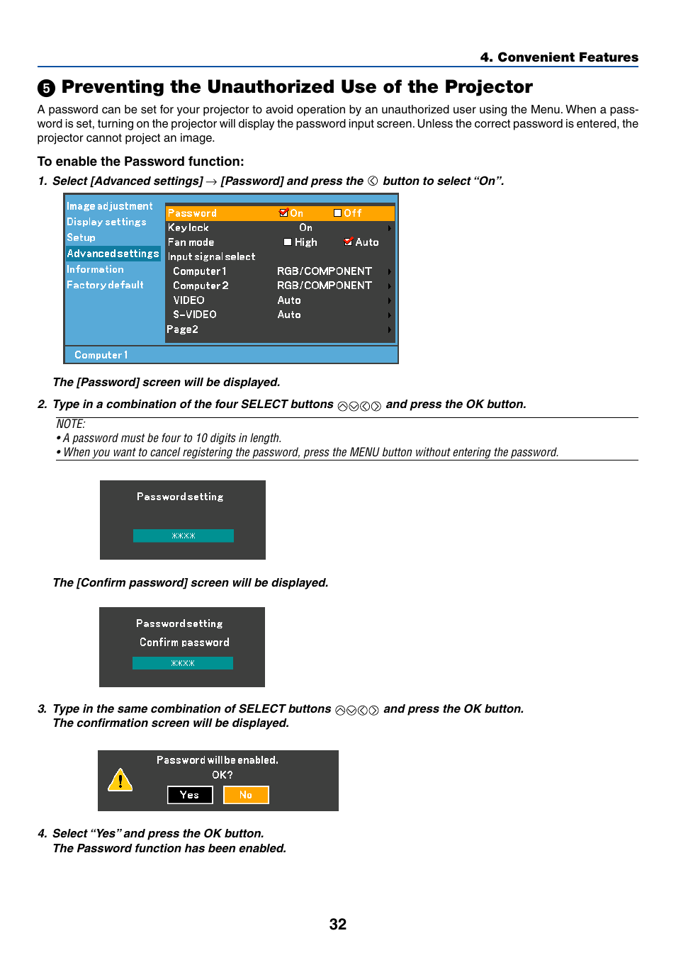 To enable the password function, ᕥ preventing the unauthorized use of the projector | Canon LV-7255 User Manual | Page 41 / 74