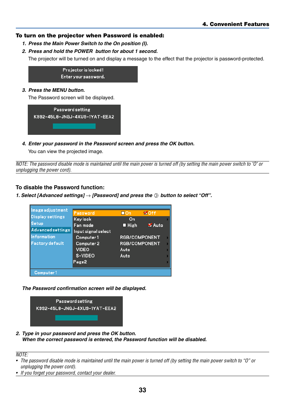 To turn on the projector when password is enabled, To disable the password function | Canon LV-7255 User Manual | Page 42 / 74