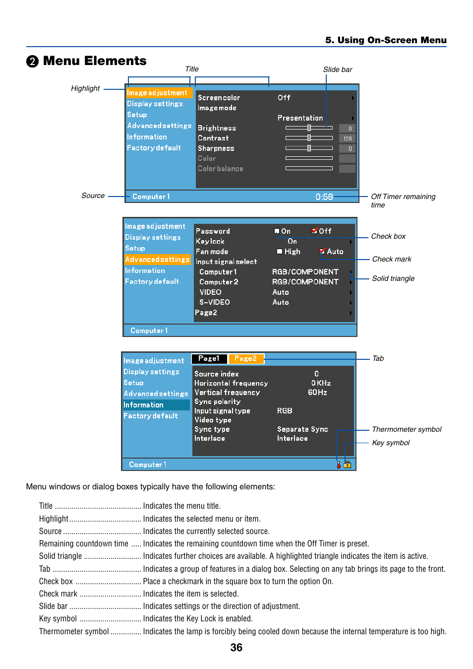 2) menu elements, ᕢ menu elements, Menu elements | Canon LV-7255 User Manual | Page 45 / 74