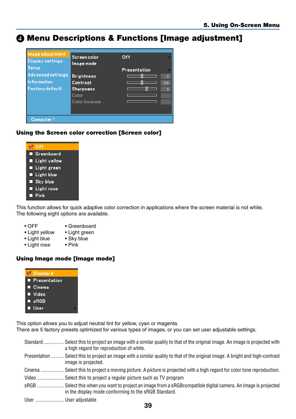 4) menu descriptions & functions [image adjustment, Using the screen color correction [screen color, Using image mode [image mode | ᕤ menu descriptions & functions [image adjustment, Menu descriptions & functions [image adjustment | Canon LV-7255 User Manual | Page 48 / 74