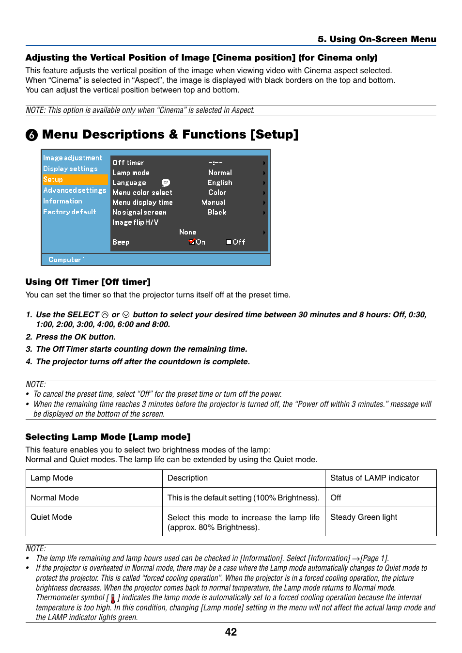 6) menu descriptions & functions [setup, Using off timer [off timer, Selecting lamp mode [lamp mode | ᕦ menu descriptions & functions [setup, Menu descriptions & functions [setup | Canon LV-7255 User Manual | Page 51 / 74