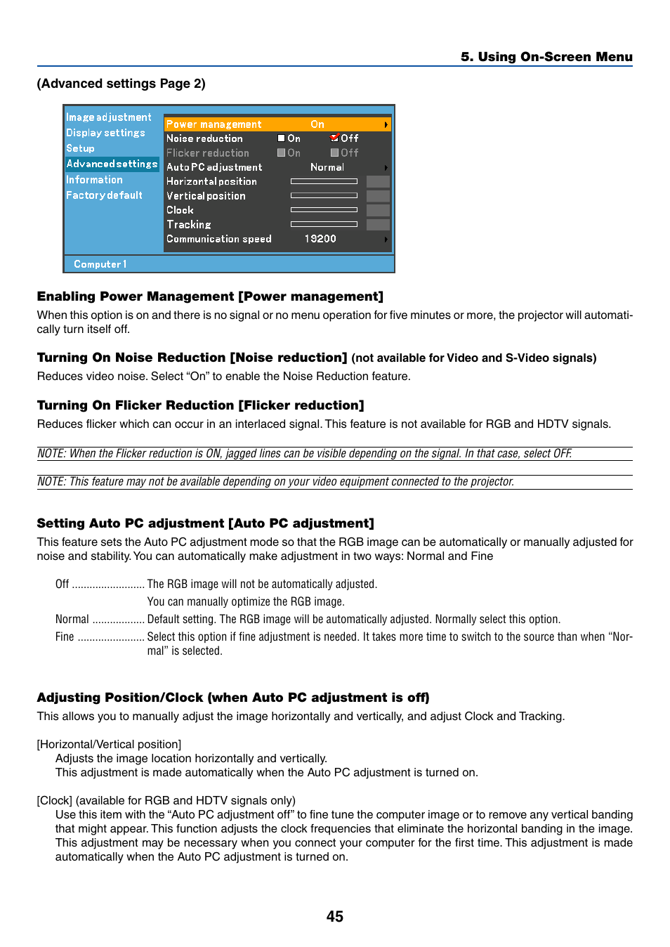 Enabling power management [power management, Tur ning on flicker reduction [flicker reduction, Setting auto pc adjustment [auto pc adjustment | Canon LV-7255 User Manual | Page 54 / 74