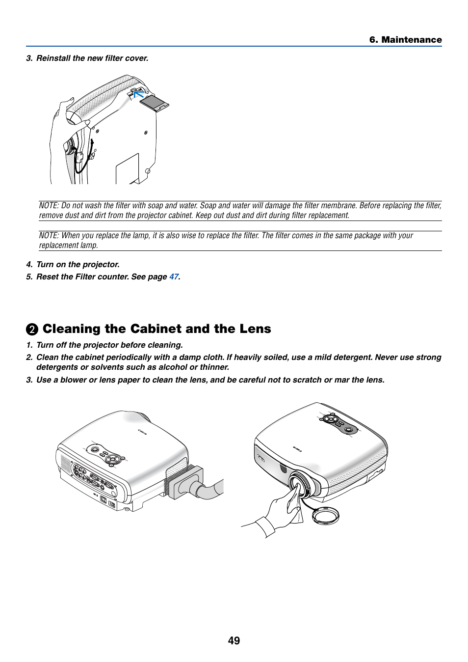 2) cleaning the cabinet and the lens, ᕢ cleaning the cabinet and the lens, Cleaning the cabinet and the lens | Maintenance, Au dio in, Analog in -1 analog in -2 audio out, Au dio i n, Vo l | Canon LV-7255 User Manual | Page 58 / 74