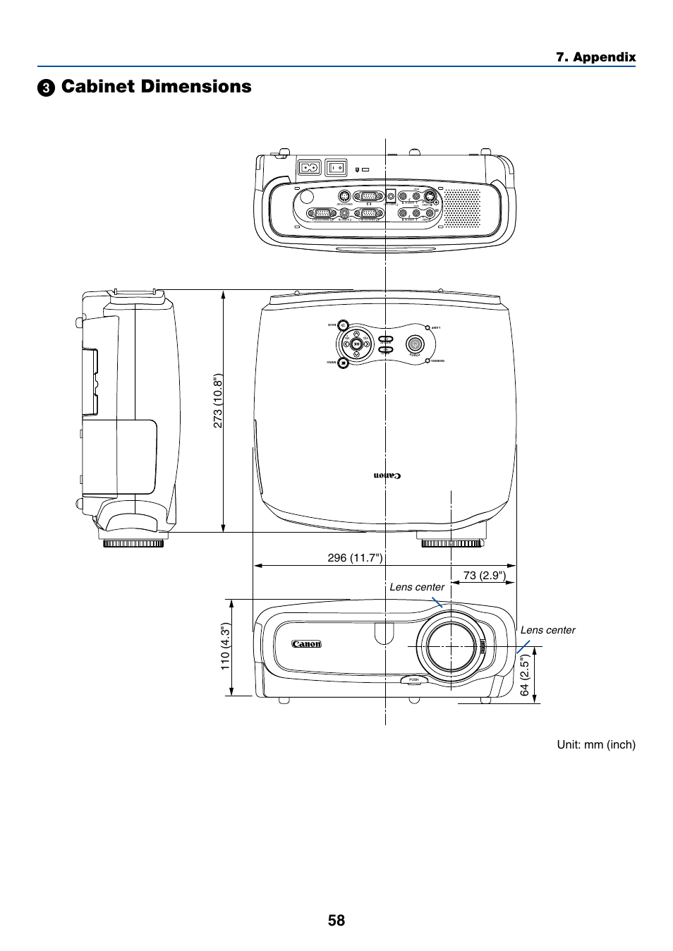 3) cabinet dimensions, ᕣ cabinet dimensions, Appendix | Unit: mm (inch) | Canon LV-7255 User Manual | Page 67 / 74