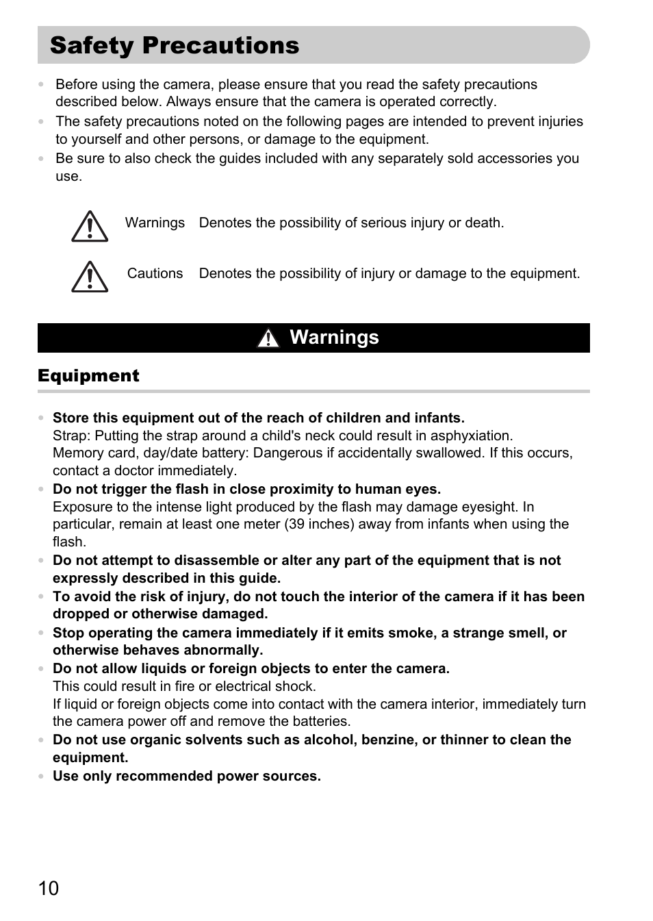 Safety precautions, Warnings | Canon A2000 IS User Manual | Page 10 / 147