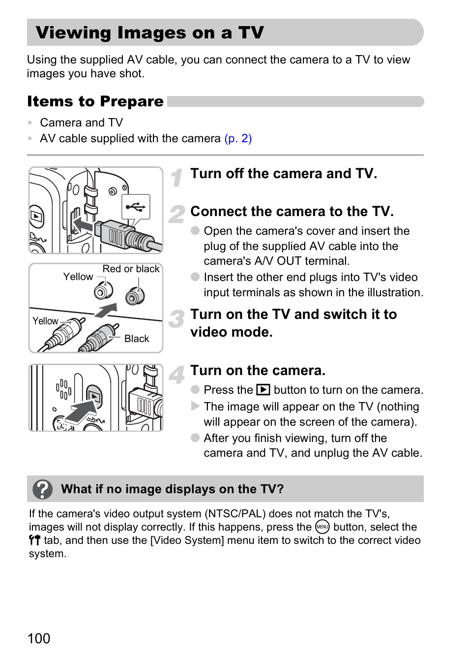 Viewing images on a tv, Look at pictures on a tv, P. 100) | Items to prepare | Canon A2000 IS User Manual | Page 100 / 147