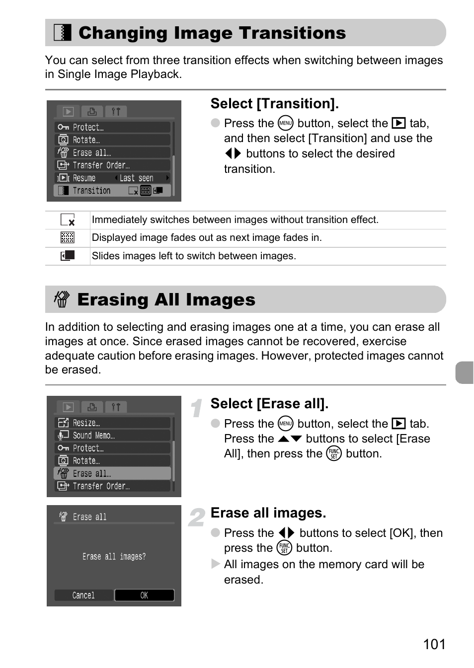 Changing image transitions, Erasing all images, P. 101) | Select [transition, Select [erase all, Erase all images | Canon A2000 IS User Manual | Page 101 / 147
