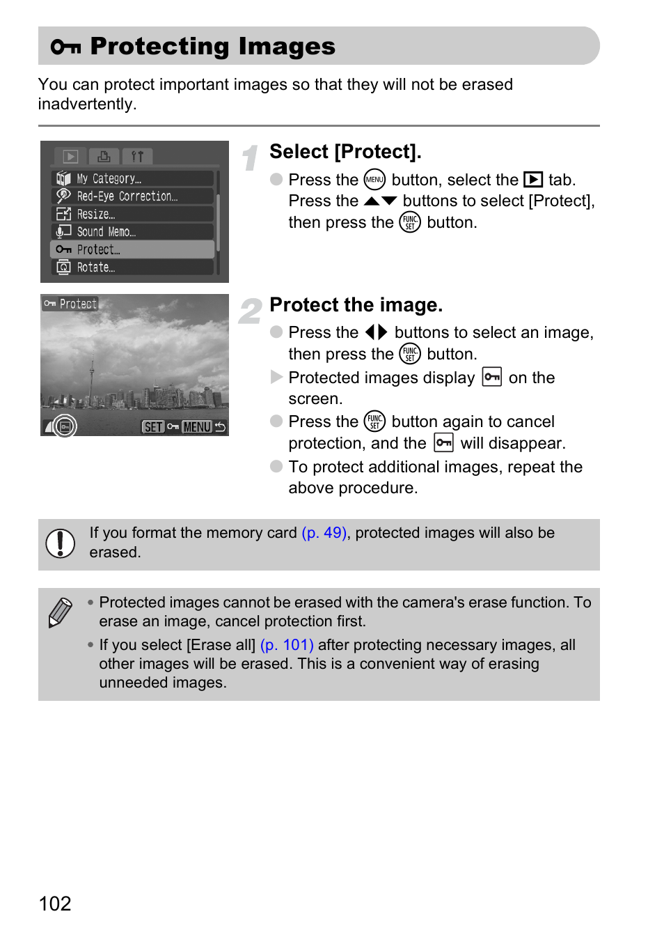 Protecting images, Protect pictures from accidental erasure, Pp. 102 | P. 102), Select [protect, Protect the image | Canon A2000 IS User Manual | Page 102 / 147