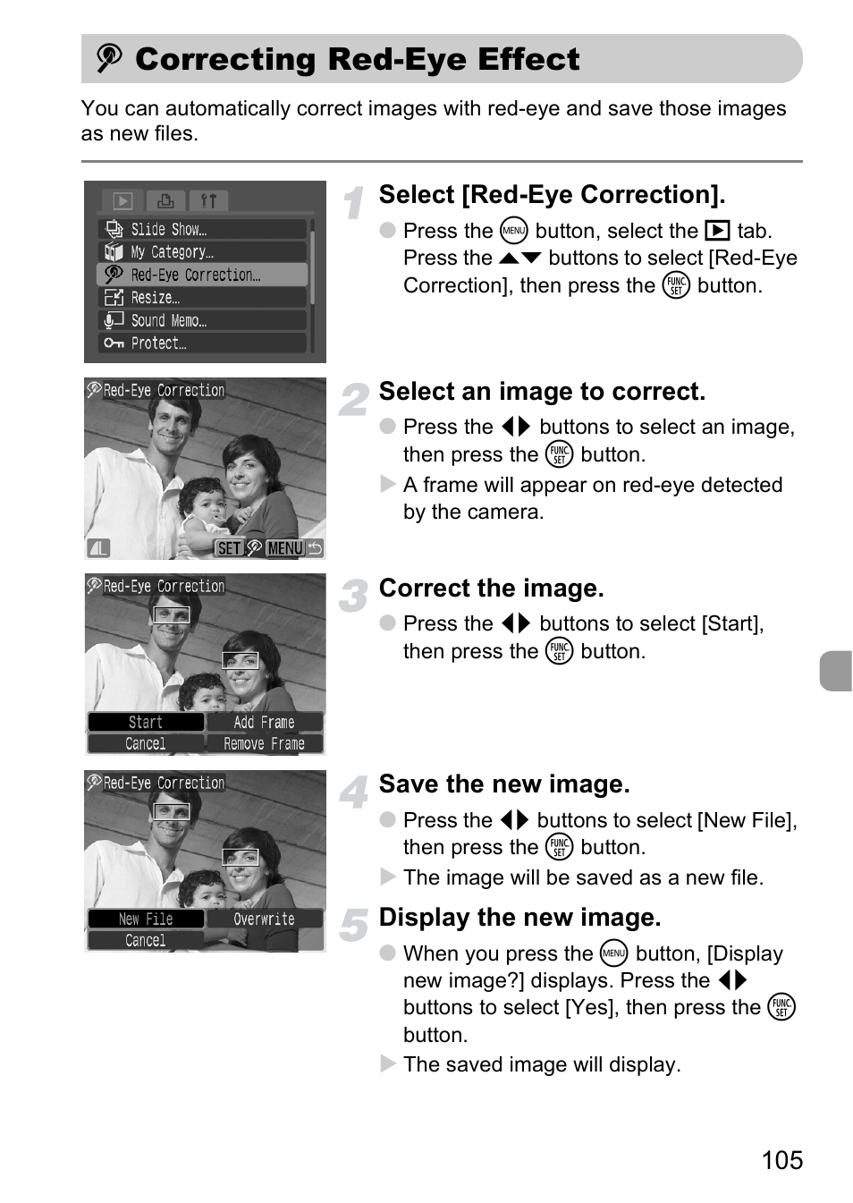Correcting red-eye effect, Pp. 105, Select [red-eye correction | Select an image to correct, Correct the image, Save the new image, Display the new image | Canon A2000 IS User Manual | Page 105 / 147
