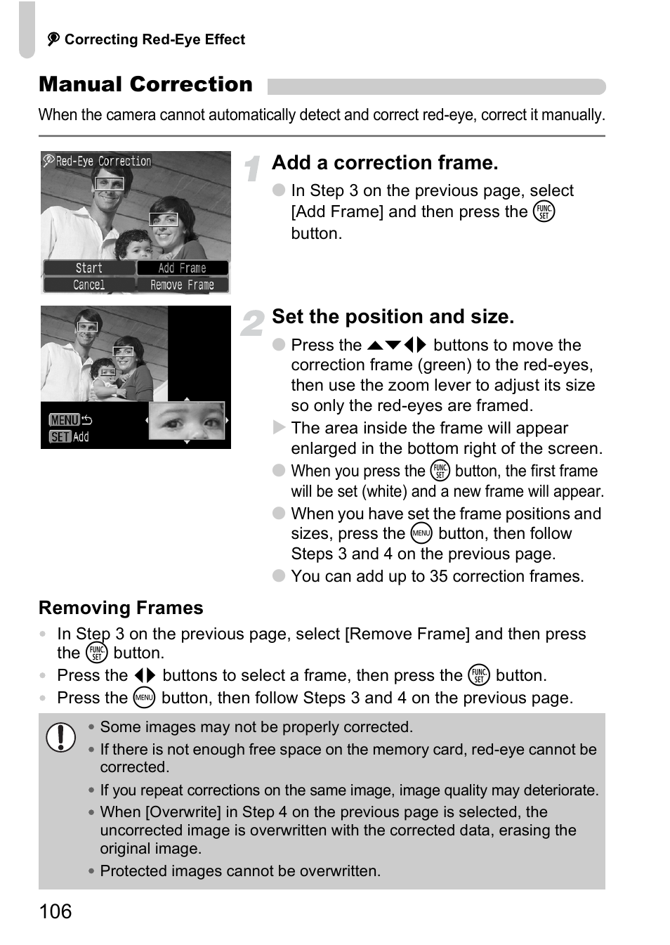 Manual correction, Add a correction frame, Set the position and size | Canon A2000 IS User Manual | Page 106 / 147