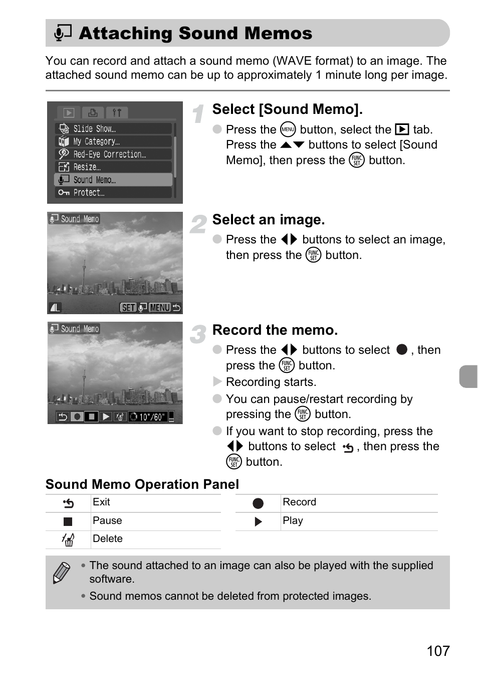 Attaching sound memos, Sound memo, P. 107) | Select an image | Canon A2000 IS User Manual | Page 107 / 147