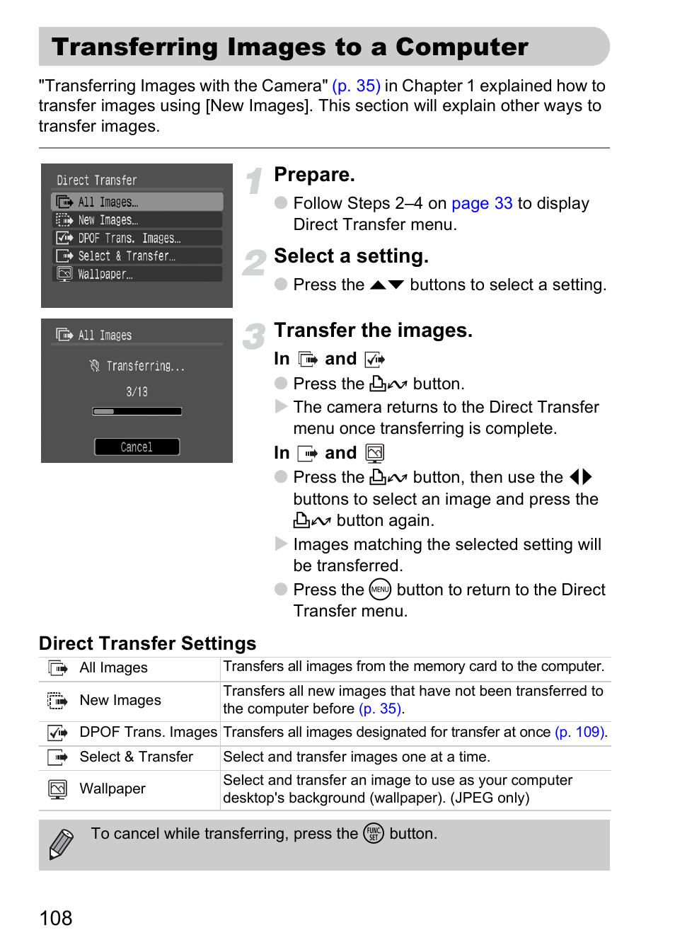 Transferring images to a computer, Prepare, Select a setting | Transfer the images | Canon A2000 IS User Manual | Page 108 / 147