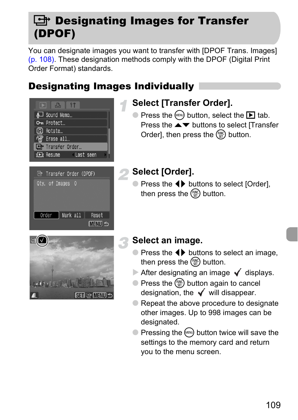 Designating images for transfer (dpof), Designating images for transfer, Dpof) | P. 109), Designating images individually, Select [transfer order, Select [order, Select an image | Canon A2000 IS User Manual | Page 109 / 147