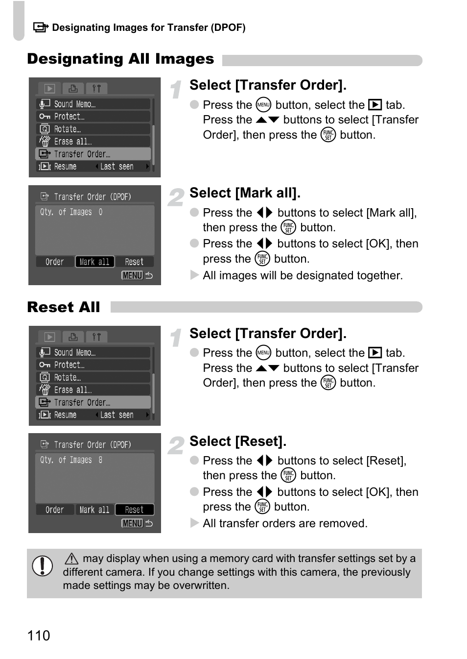 Designating all images, Reset all, Select [transfer order | Select [mark all, Select [reset | Canon A2000 IS User Manual | Page 110 / 147