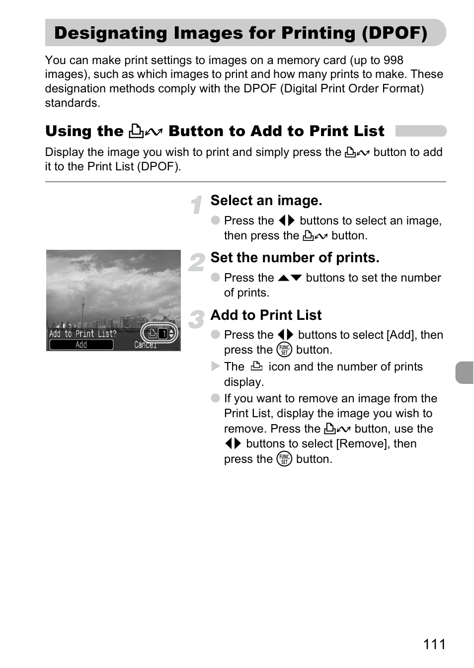 Designating images for printing (dpof), Designating images for printing, Dpof) | Print list, P. 111), Using the c button to add to print list, Select an image, Set the number of prints, Add to print list | Canon A2000 IS User Manual | Page 111 / 147