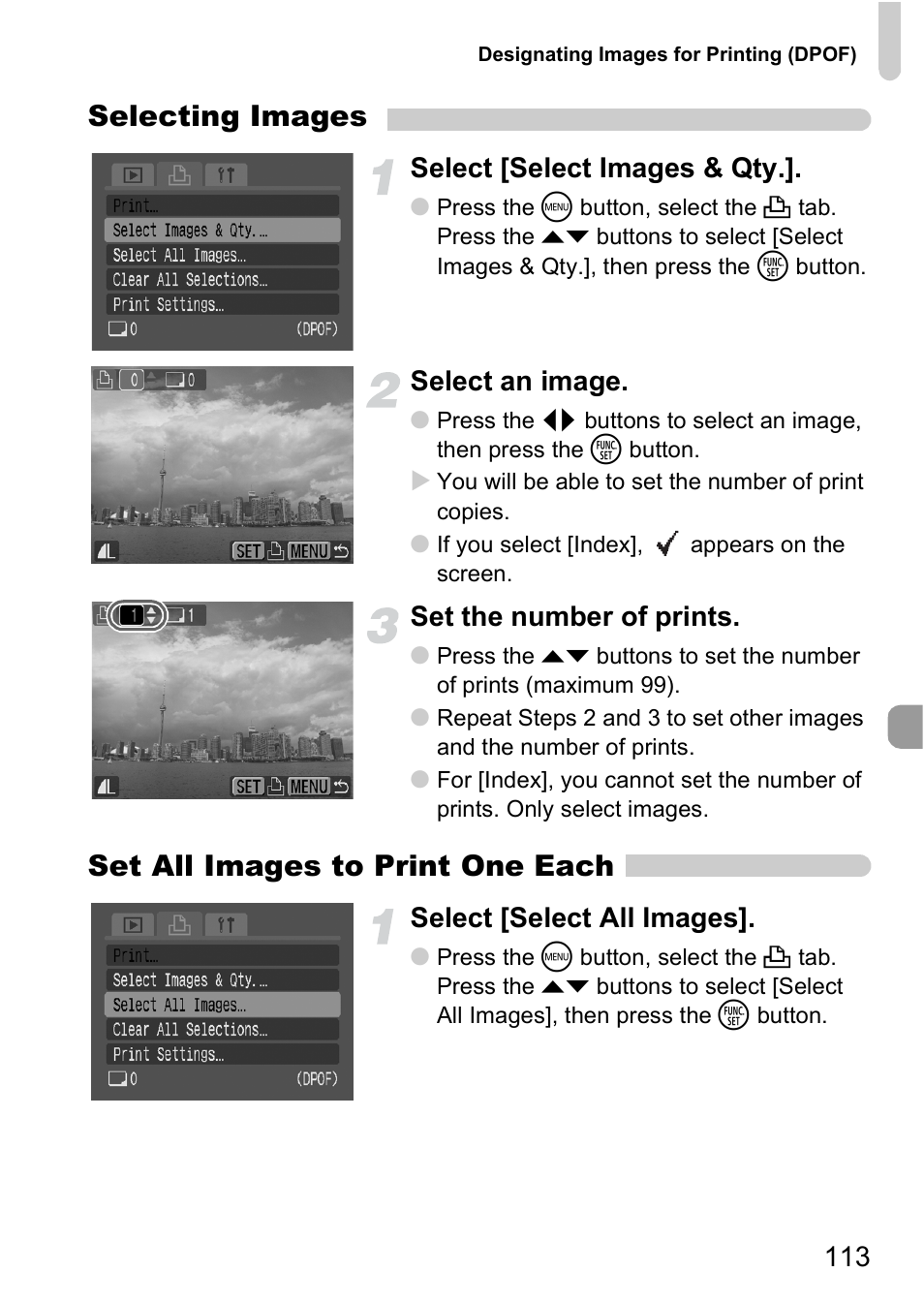 Selecting images, Set all images to print one each, Select [select images & qty | Select an image, Set the number of prints, Select [select all images | Canon A2000 IS User Manual | Page 113 / 147