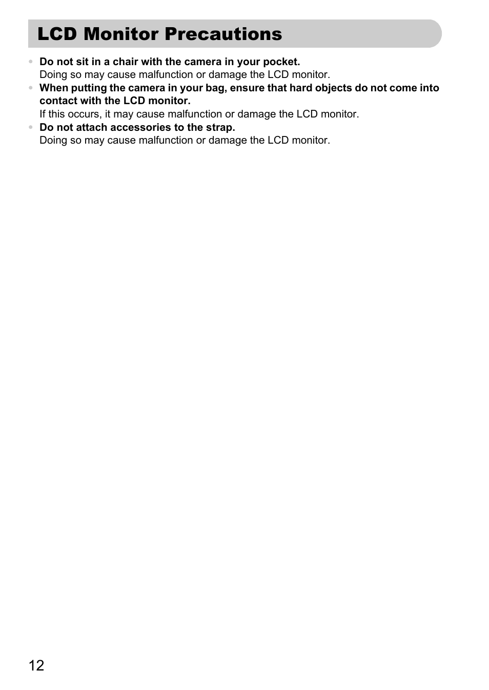 Lcd monitor precautions | Canon A2000 IS User Manual | Page 12 / 147