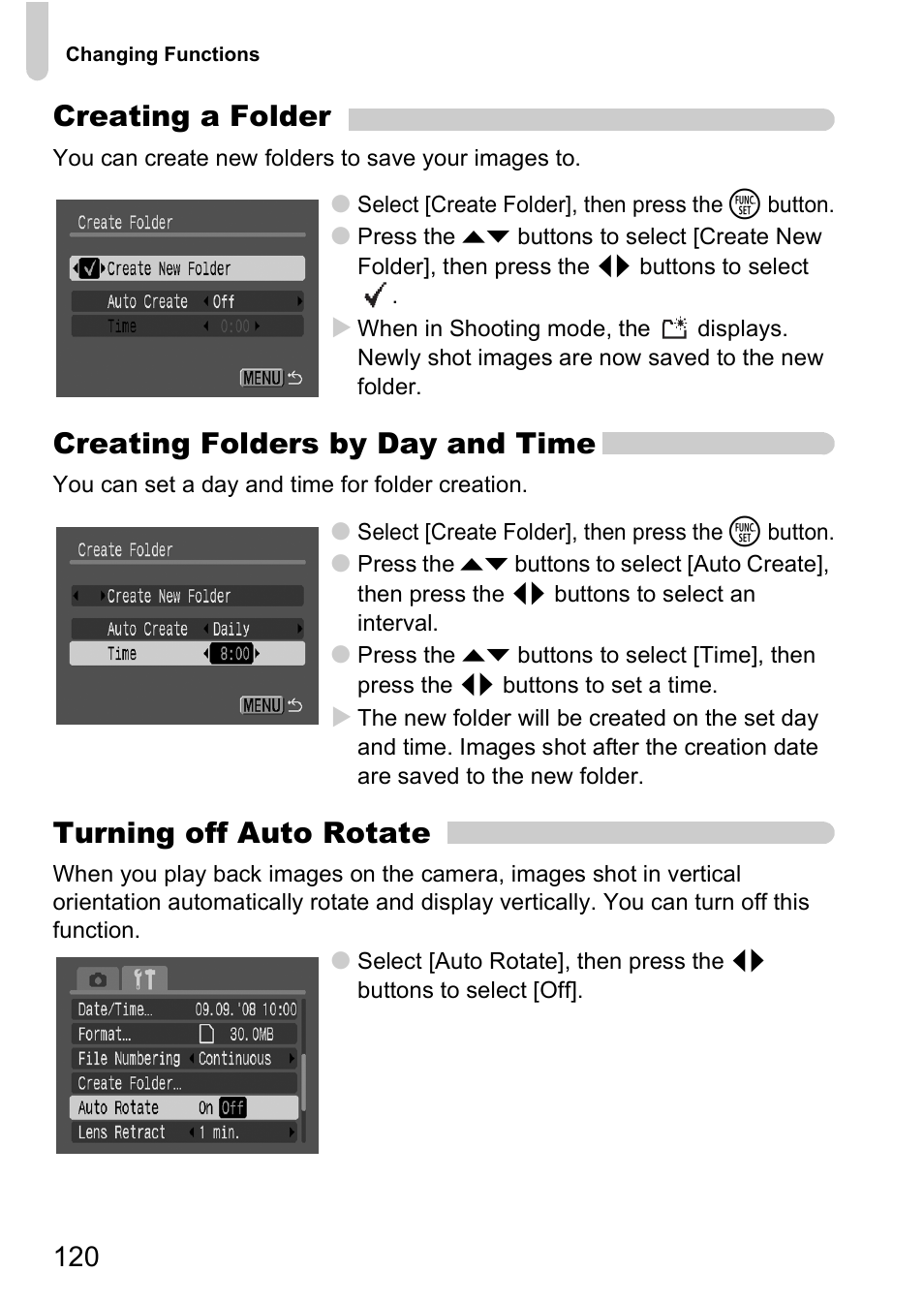 Auto rotate, P. 120), Creating a folder | Creating folders by day and time, Turning off auto rotate | Canon A2000 IS User Manual | Page 120 / 147