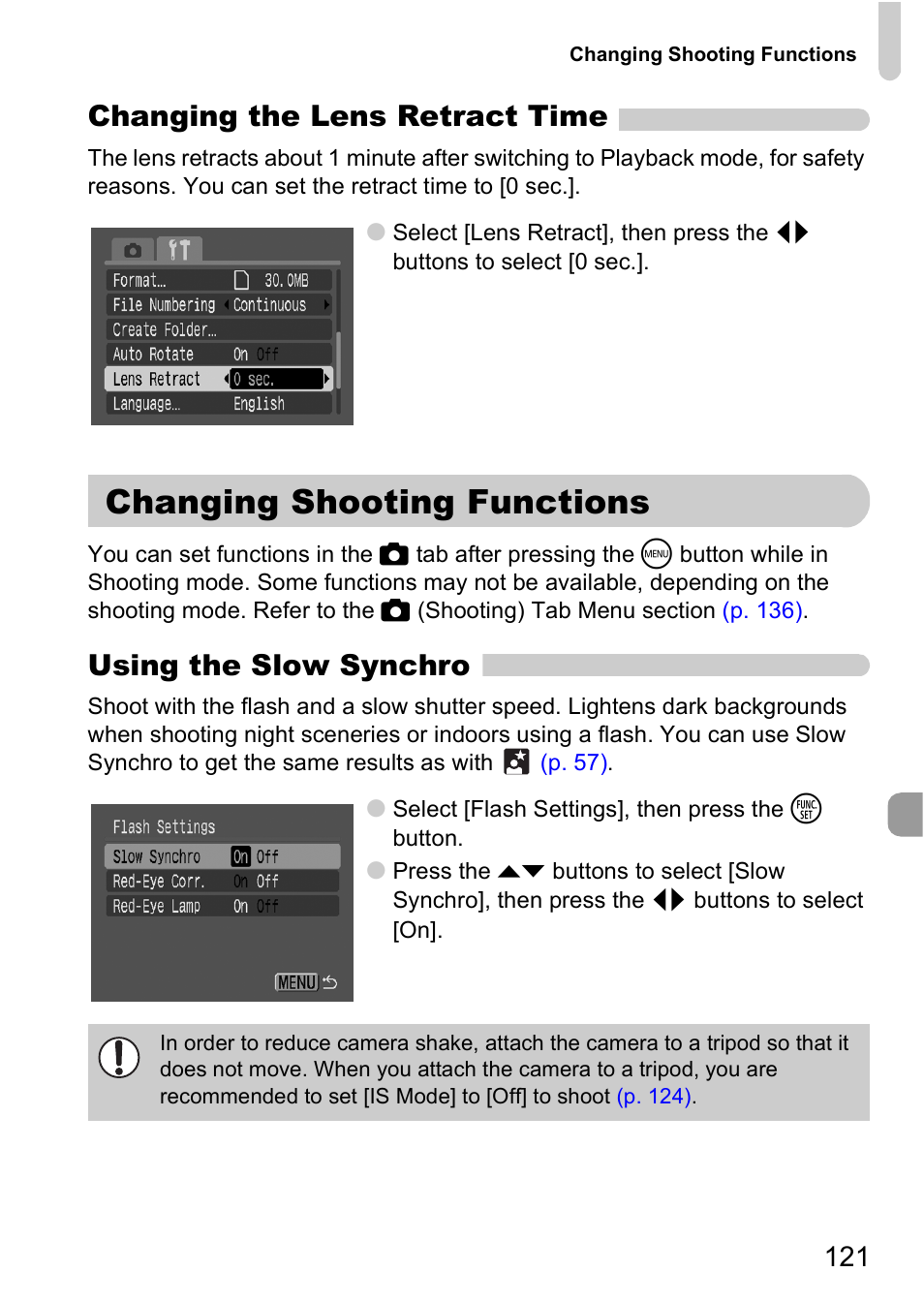 Changing shooting functions, Changing the lens retract time, Using the slow synchro | Canon A2000 IS User Manual | Page 121 / 147