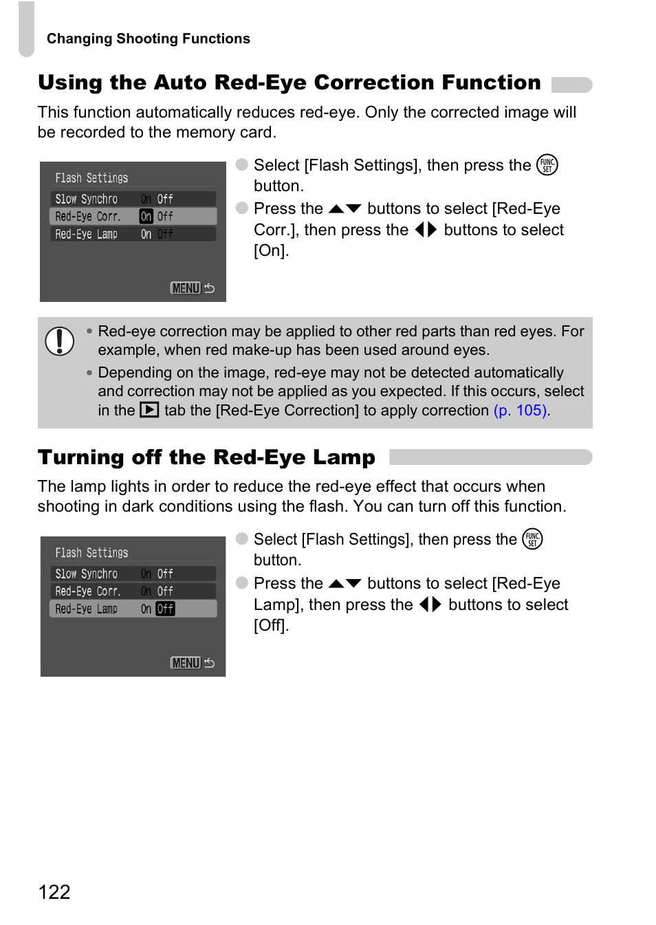 P. 122), Using the auto red-eye correction function, Turning off the red-eye lamp | Canon A2000 IS User Manual | Page 122 / 147