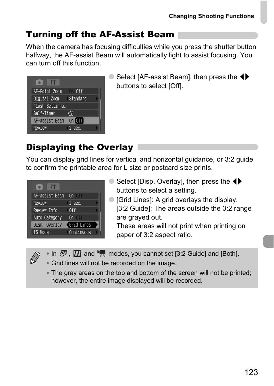 Grid lines, P. 123), Turning off the af-assist beam | Displaying the overlay | Canon A2000 IS User Manual | Page 123 / 147