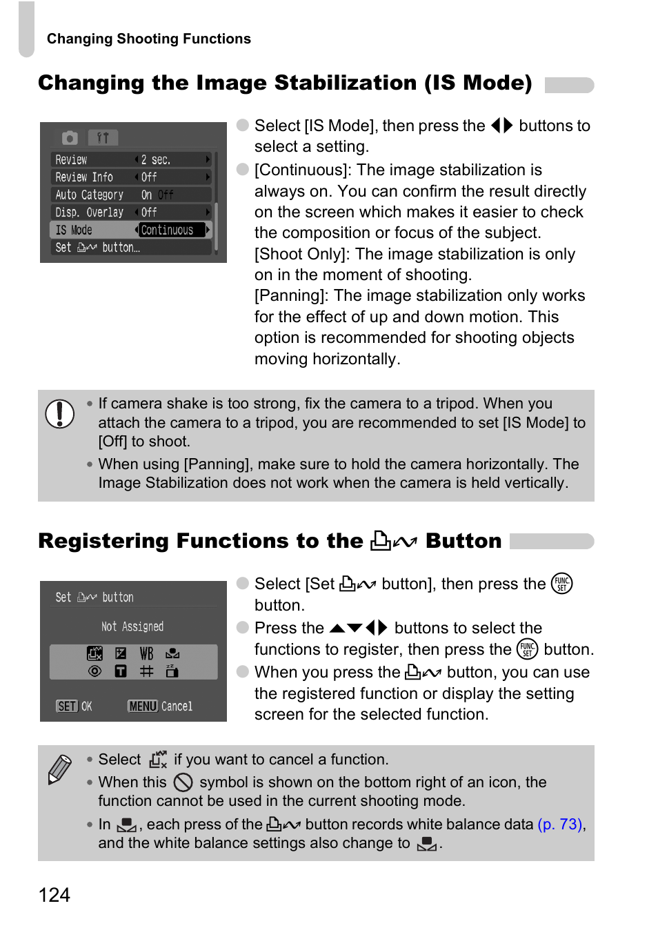 Shoot without camera shake (image stabilization), Image stabilizer, P. 124) | Changing the image stabilization (is mode), Registering functions to the c button | Canon A2000 IS User Manual | Page 124 / 147