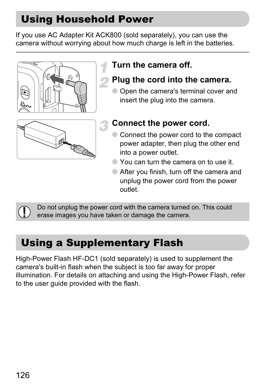 Using household power, Using a supplementary flash, Using household power using a supplementary flash | Canon A2000 IS User Manual | Page 126 / 147