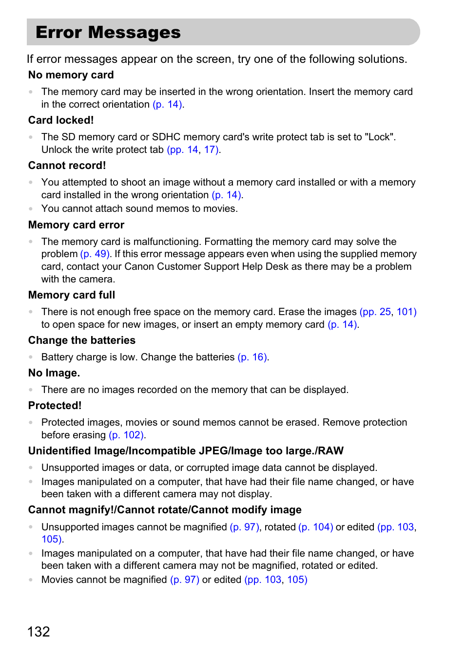 Error messages, E error messages section, P. 132) | Canon A2000 IS User Manual | Page 132 / 147