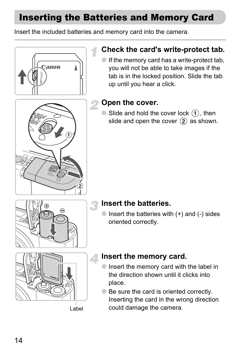 Inserting the batteries and memory card, Inserting the batteries and, Memory card | Canon A2000 IS User Manual | Page 14 / 147