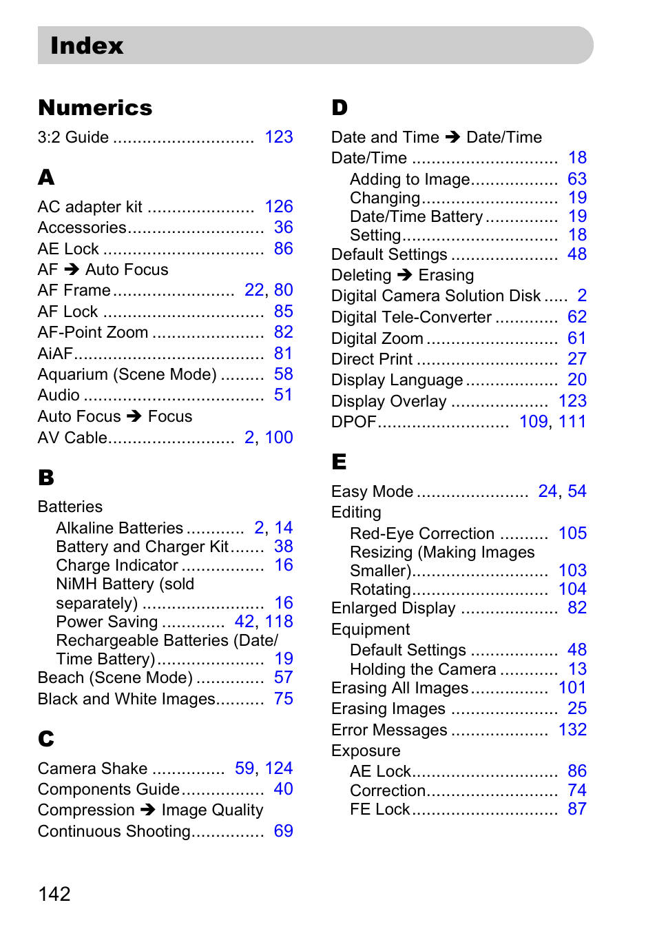 Index, Numerics | Canon A2000 IS User Manual | Page 142 / 147