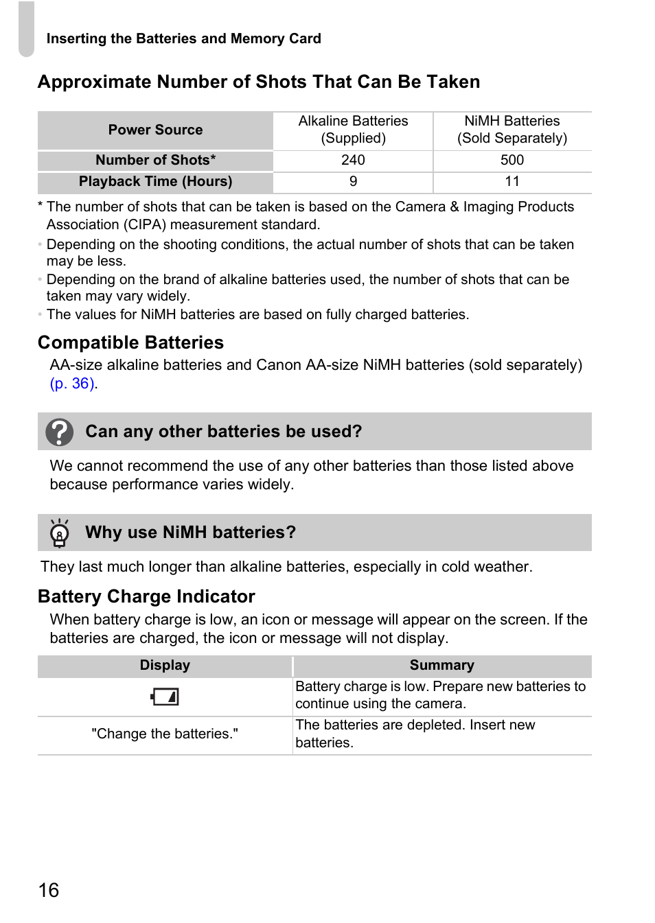 Approximate number of shots that can be taken, Compatible batteries, Battery charge indicator | Canon A2000 IS User Manual | Page 16 / 147