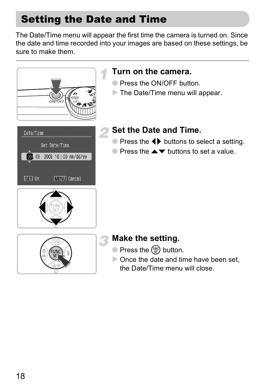 Setting the date and time | Canon A2000 IS User Manual | Page 18 / 147